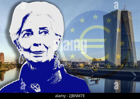 Christine Lagarde and logo of the European Central Bank Stock Photo