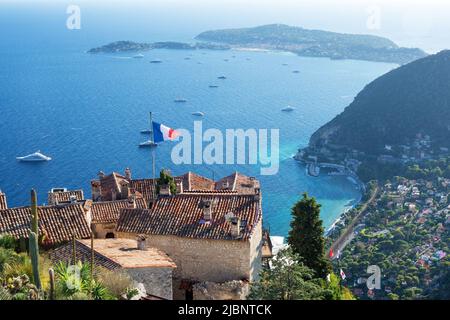 Picturesque view of the Mediterranean coast from the top of the town of Eze, a village on the French Riviera. The youngest Alpine botanical garden Eze Stock Photo