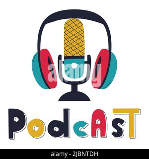Professional studio over ear headphones with ear pads and a classic microphone between them. Equipment for podcasting, listening to music. Simple flat Stock Vector