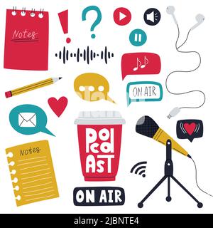 A set of elements symbolizing listening to a podcast, radio show, online show. Microphone, coffee cup, earphones, pencil, note paper. Color flat vecto Stock Vector