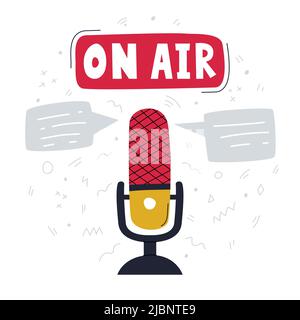 Simple retro classic microphone and sign with hand lettering - On air. Cover concept, podcast show. Equipment for podcasting, listening to music. Flat Stock Vector