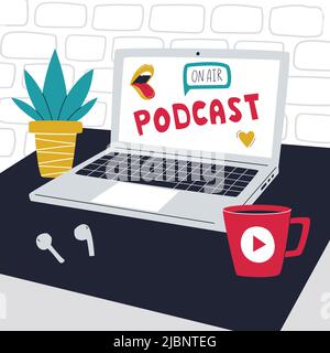An open laptop with a podcast word, Potted plant, cup of coffee and wireless earphones. Symbols of podcasting, listening to podcast. Podcast cover. Ve Stock Vector