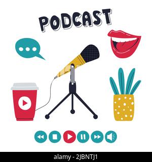 Set of elements, symbols of recording of a podcast, radio show, broadcast. Microphone on stand, cup with Play button, talking mouth, potted plant. Col Stock Vector