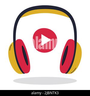 Professional studio over-ear headphones with large ear pads. Red button Play between headphones. Equipment for , listening to music, podcast. Flat vec Stock Vector
