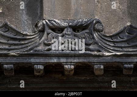 Green Man on the 17th century mural monument to John Mylne or Milne (1611-67) in Greyfriars Kirkyard, Edinburgh, Scotland, UK. Stock Photo