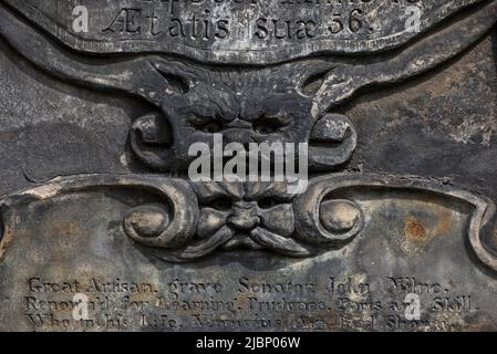 Green Men on the 17th century mural monument to John Mylne or Milne or Mylne (1611-67) in Greyfriars Kirkyard, Edinburgh, Scotland, UK. Stock Photo