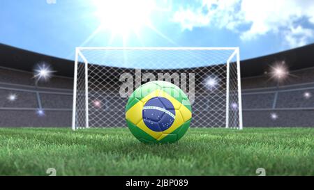 Soccer ball in flag colors on a bright sunny stadium background. Brazil. 3D image Stock Photo