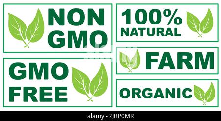 Set of ecology stamps, labels with pair of green leaves. There are: GMO free, Non GMO, 100% natural, Farm and Organic. Stock Vector