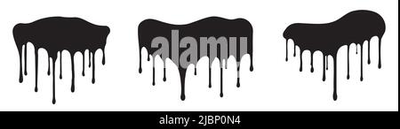 Set of 3 black grunge decors with paint drips with spray blobs. Vector illustration for your design. Stock Vector