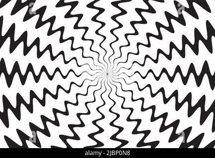 Black and white hypnotic spiral wave rays background. Psychedelic sunburst retro design. Stock Vector