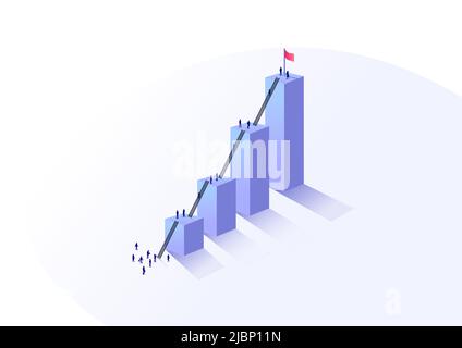 Concept of business growth and personal growth. Workforce climbing a bar chart using ladders to reach the top. Isometric vector illustration of a grou Stock Vector