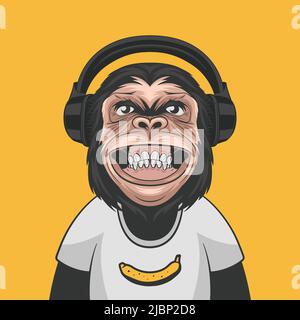 Vector Funny Smiling Chimpanzee Ape with Headphones and Banana on His T-shirt on Yellow Background. Happy Monkey for Wall Art, T-shirt Print, Poster Stock Vector