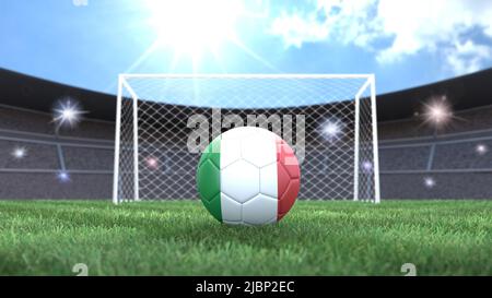 Soccer ball in flag colors on a bright sunny stadium background. Italy. 3D image Stock Photo