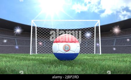 Soccer ball in flag colors on a bright sunny stadium background. Paraguay. 3D image Stock Photo