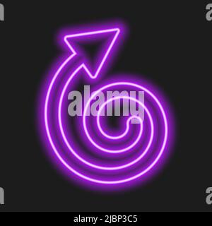Shining purple neon repeat arrow on dark background. Illuminating symbol of refresh, restart, exchange, rotation. Vector realistic illustration. Stock Vector