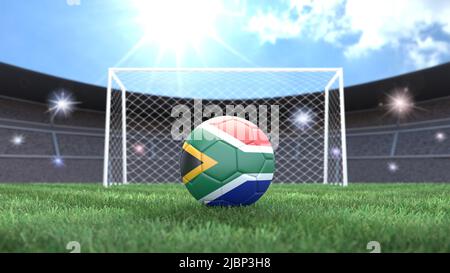Soccer ball in flag colors on a bright sunny stadium background. South Africa. 3D image Stock Photo