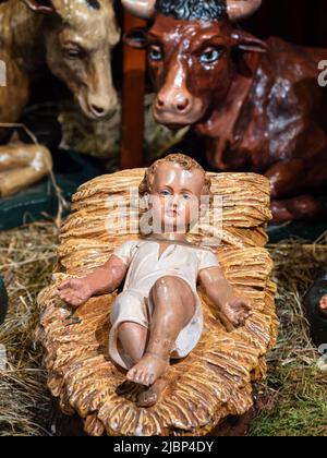 Vohrenbach, Germany - January 16, 2021: The Christmas figure of the newborn Jesus in the manger Stock Photo