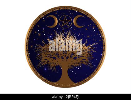 tree of life Wicca sign mandala, Gold Mystical Moon Pentacle, Sacred geometry, Golden Crescent moon, half moon pagan Wiccan triple goddess symbol Stock Vector