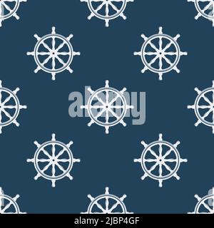 Vector Seamless Pattern with Hand Drawn Ship Helms. Design Template for Textile, Fabric, Apparel, Wallpapers. Blue Helm, Steering Wheel on White Stock Vector