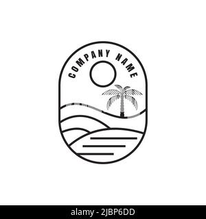 Palm tree island line logo with sunset illustration design, waves minimal emblem design Stock Vector