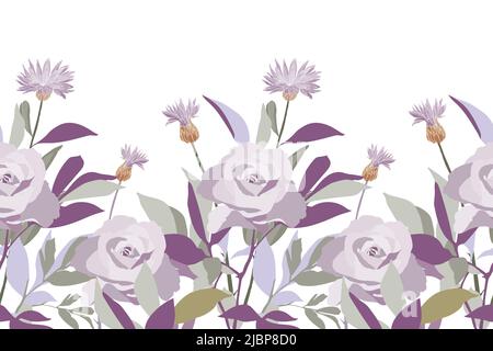 Vector floral seamless pattern, border. Horizontal panoramic illustration with roses and cornflowers on a white background. Stock Vector