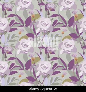 Vector floral seamless pattern. Illustration with roses and cornflowers on a light olive colored background. Stock Vector
