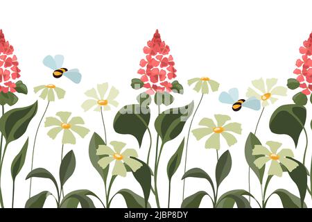 Vector floral seamless pattern, border. Horizontal panoramic illustration with flowers and bees on a white background. Stock Vector