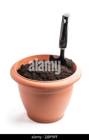 Pot filled  with organic soil isolated on white background Stock Photo