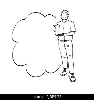 full length of smiling man using thumb to point to blank space illustration vector hand drawn isolated on white background line art. Stock Vector