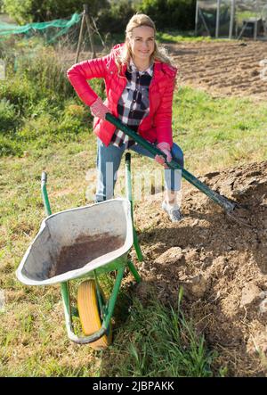 Woman farmer loading garden wheelbarrow with manure Stock Photo - Alamy