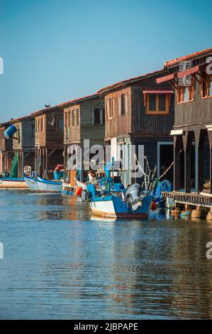 Fisherman huts , seahouses at Axios river delta Stock Photo