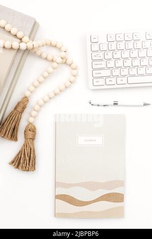 Minimalist Boho Styled Desk Workspace Stock Photo