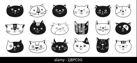 Cat head emotion sketch doodle character set. Cute kitten kawaii faces line icon. Smiling cats funny childish baby flat sticker. Isolated clipart illustration print template for card, poster, cover Stock Vector