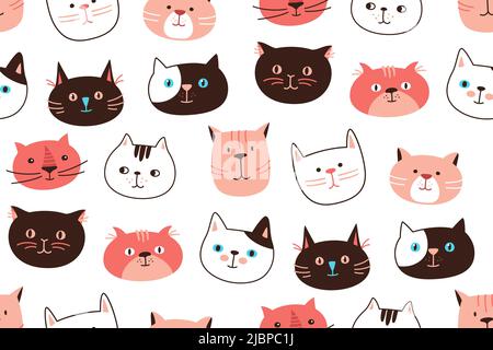 Cat head emotion seamless pattern. Cute kitten kawaii faces endless texture scrapbook. Funny cats childish baby doodle repeat ornament. Background print template wallpaper, packaging, textile print Stock Vector