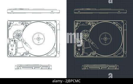 Stylized vector illustration of blueprints of hard disk drive Stock Vector