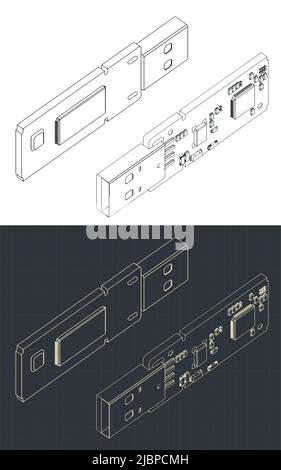 Stylized vector illustration of isometric blueprints of USB fash drive blueprints Stock Vector