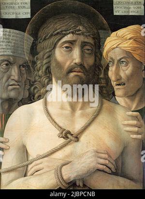 Ecce Homo by Andrea Mantegna (1431-1506). The painting depicts the moment when Pontius Pilate presents a beaten and whipped Jesus to the crowd with the words Ecce Homo (Behold the man). Jesus has the crown of thorns on his head and a red or purple robe (to mock the claim to be king of the jews). This version, however, shows just a portrait of the beaten and humiliated Jesus. Stock Photo