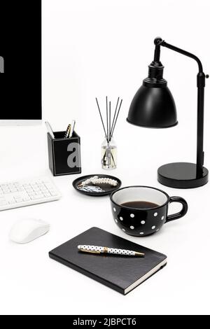 Black and White Styled Desk Workspace Stock Photo