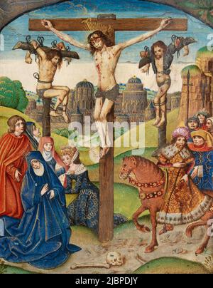 Christ on the Cross between two thieves. Illumination from the Vaux Passional, 16th century Stock Photo