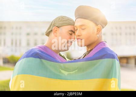 Couple of gay men in love embracing each other, wrapped in a gay flag, in a park at sunset, with reflections of the sun. Concept of diversity, pride, Stock Photo