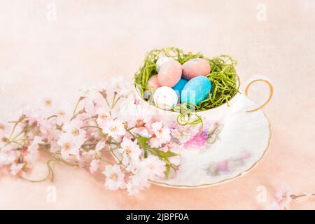 Pastel Easter Candy Displayed in a Vintage Cup and Saucer