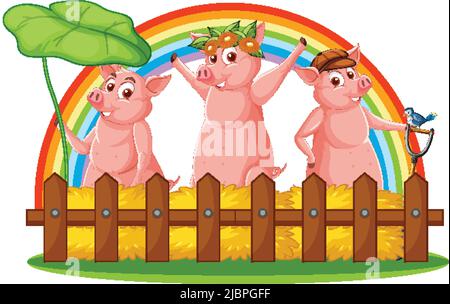 Cartoon three little pigs with rainbow background illustration Stock Vector