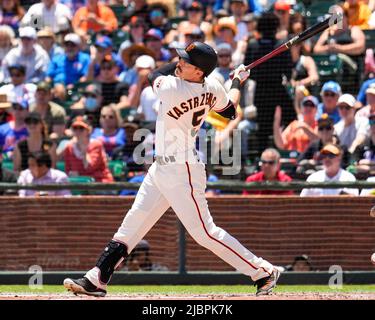 San Francisco Giants' Mike Yastrzemski watches his tworun double