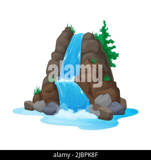 River waterfall falls from cliff, picturesque tourist attraction with clear water. Cartoon landscapes pine trees and rocks, streaming waterfall Stock Vector