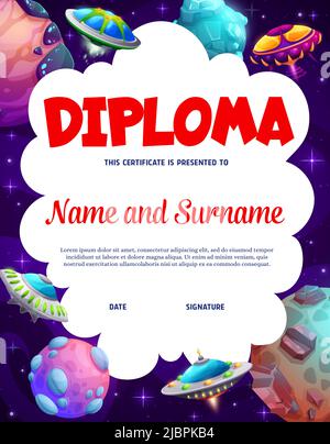 Space party kids diploma, spacecrafts and starships in starry galaxy. School educational vector certificate template with flying saucers, UFO and planets. Cartoon frame with alien spaceships and stars Stock Vector