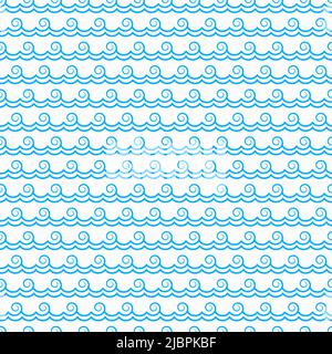 Curly blue ocean waves seamless pattern background, vector wavy tide ripples. Water wave curves and tidal zigzag curls of flowing aqua, marine and nautical swirl pattern background Stock Vector