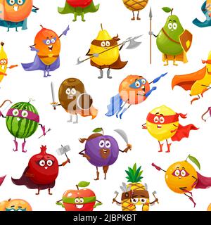 Cheerful fruits superhero and defender characters vector seamless pattern. Cartoon fruit food personages background of apple, mango, orange and pineapple, banana, watermelon and peach with mask, cape Stock Vector
