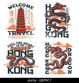 Hong Kong travel t-shirt prints with ancient dragons in clouds and temple. Isolated vector labels of Chinese dragon monsters and pagoda tower, apparel prints of Asian tourism or tourist tour design Stock Vector