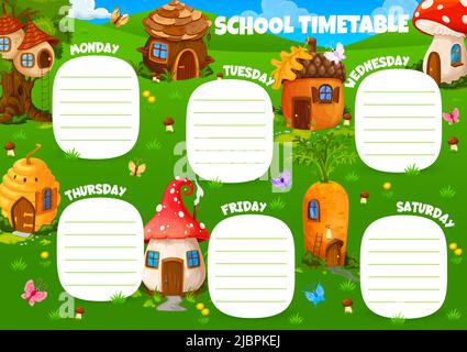 School timetable schedule cartoon elf village with fairy houses. Vector timetable template with pine cone, acorn, mushroom, beehive and carrot fantasy dwellings on green meadow, lessons planner frame Stock Vector
