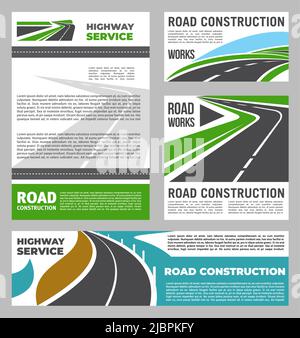 Highway road repair and construction service works, vector banners. City motorway building and highway maintenance or pavement and asphalt renovation, car street engineering project Stock Vector